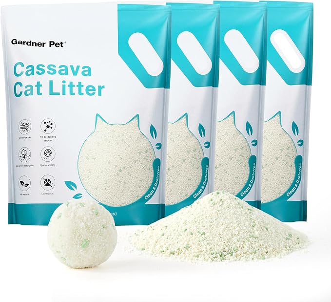 Gardner Pet Cassava Cat Litter, Clumping Cat Litter with Odor Control, Low Dust, Natural Plant-Based Litter, Fast Absorption & Low Tracking Kitty Litter, Unscented with Deodorizing Pellets (9LBS*4)-PurrikoPets
