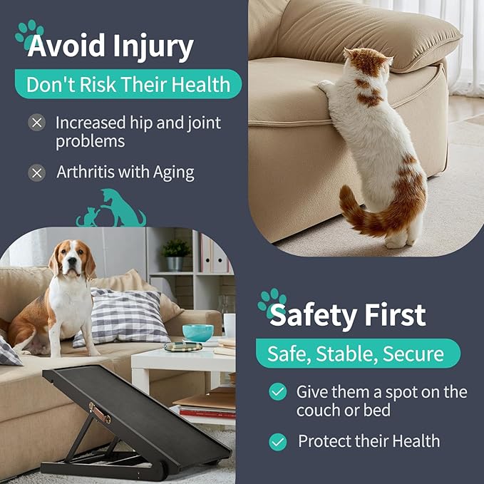 Dog Ramp, Adjustable Height Wooden Folding Pet Ramp for Bed, Couch,SUV-High Traction, Portable Paw Ramps for Small & Large Old Dogs & Cats - Furniture Quality-PurrikoPets