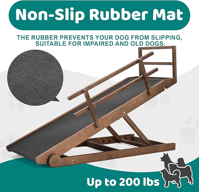 Dog Ramp for Bed, Adjustable Pet Ramps for Dog to Get on Bed, Non-Slip Rubber Surface - Folding Wooden Dog Ramp for Small/Large/Old Dogs, Adjustable up to 31 inch High Beds, Safety Railings-PurrikoPets