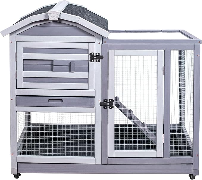 GEGURI Rabbit Hutch Indoor Rabbit Cage Outdoor, Wooden Bunny Cages for Guinea Pig with Wheels, Removable Tray, Ramp-PurrikoPets