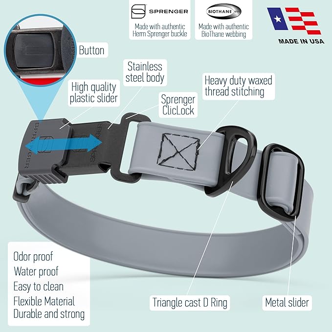 Dogline Biothane Waterproof Dog Collar with Herm Sprenger Stainless Steel Quick Release Buckle – Heavy Duty Tactical Durable Collar for Dogs – Comfortable and Safe Pet Collar, W 3/4" L 12-19", Gray-PurrikoPets