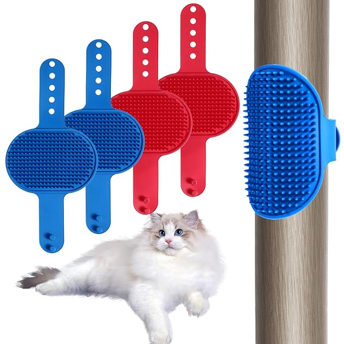 4Pcs Silicone Cat Grooming Brush Set, Multi-Functional Cat Self Groomer for Indoor Cats, Wall Mounted Face Scratchers, Grooming Strap Pad for Sofa & Chair Legs (Blue, Red)-PurrikoPets
