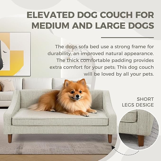 Dog Sofa Couch for Medium to Large Dogs, Durable Pet Sofa with Washable Fabric, Elevated Mini Dog Bed with Wooden Legs for Medium and Large Dogs, Beige-PurrikoPets