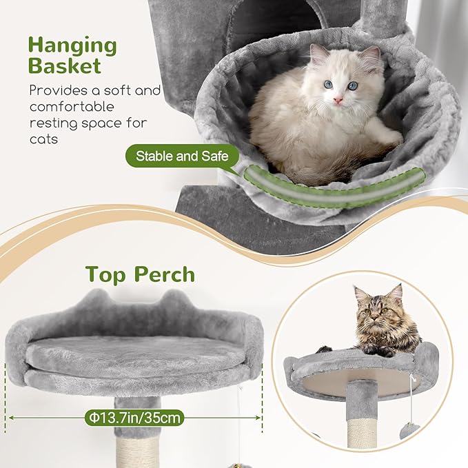 Globlazer Cat Tree, 70 inch Tall Scratching Tower Multi-Level Cat Condo for Indoor Multiple Cats with 2 Large Cat Caves, Top Perch, Large Platform, Bottom Swing, F70B, Light Grey-PurrikoPets