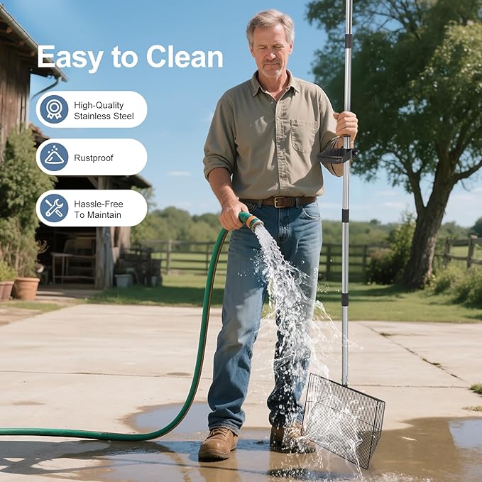 15inch Large Chicken Poop Scooper with Ergonomic Grip, 5 in 1 Adjustable Chicken Coop Pooper Shovel (24 to 76.5"), Stainless Steel Litter Sifting Shovel Scoop for Chicken Coop/Goat Stall/Stable-PurrikoPets