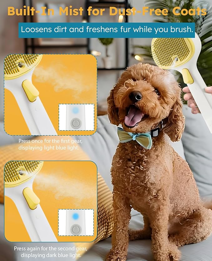 FURGO 3-in-1 Pet Steam Brush for Dogs & Cats – Reduces Static, Replaceable Heads, One-Touch Hair Ejection, Dog Spray Brush for Shedding Control(Long&Short)-PurrikoPets