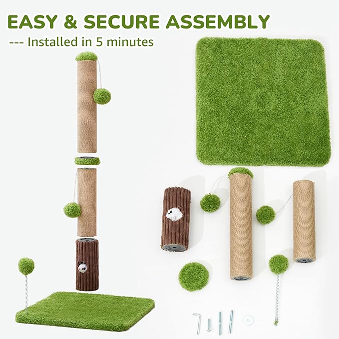 33" Tall Cat Scratching Post for Indoor Cats, Premium Sisal Scratch Posts with Cat Toys and Fun Mouse Holer for Cats at All Ages, Scratcher Tree with Reinforced Stable Base (Green)-PurrikoPets