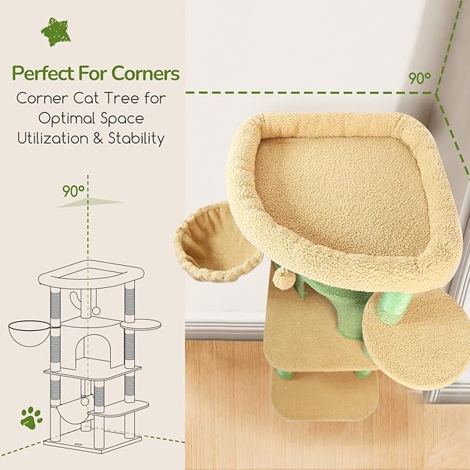 Globlazer Cactus Corner Cat Tree Tower with Scratching Post for Indoor Cats, 51in Multi-Level Cat Condo Tower with Large Hammock, Fan-Shaped Padded Perch, Spacious Cat Cave, Hanging Basket, C51, Green-PurrikoPets