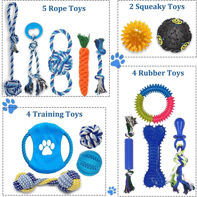 Dog Toys 15 Pack for Teeth Cleaning and Fun, Puppy Teething Chew Toys Interactive Rope Squeaky Treat Balls & Rubber Tous Bulk– Variety Dog Gifts Set Reduce Anxiety & Save Furniture-PurrikoPets