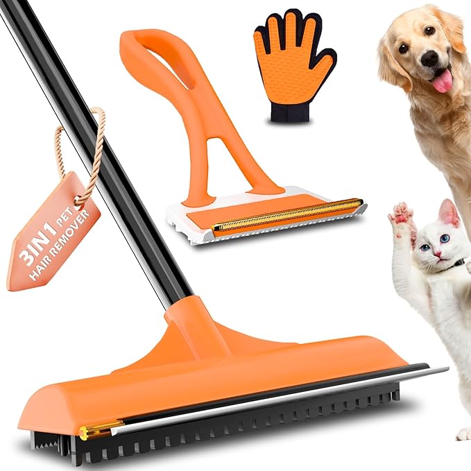 3 in 1 Carpet rake Kit for Pet Hair Removal Tool - Reusable Pet Hair Remover broom w 58"Adjustable Long Handle, Dog & Cat Carpet Scraper, Pet Hair Remover for Rugs, Mats, Couch, Curtains(Orange)-PurrikoPets