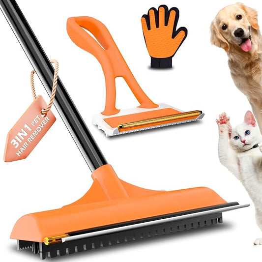 3 in 1 Carpet rake Kit for Pet Hair Removal Tool - Reusable Pet Hair Remover broom w 58"Adjustable Long Handle, Dog & Cat Carpet Scraper, Pet Hair Remover for Rugs, Mats, Couch, Curtains(Orange)-PurrikoPets