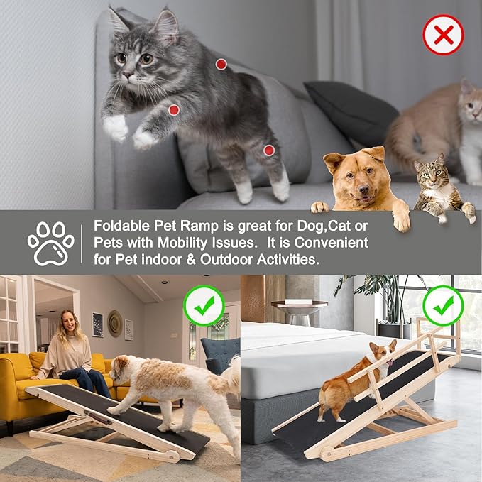Folding Wooden Dog Ramp for Bed, Couch & Car,45IN Long- 5 Level Adjustable Pet Ramp, Non-Slip Rubber Mat, 17.7'' Extra Wide - Supports Small & Large Senior Dogs & Cats up to 200 lbs-PurrikoPets