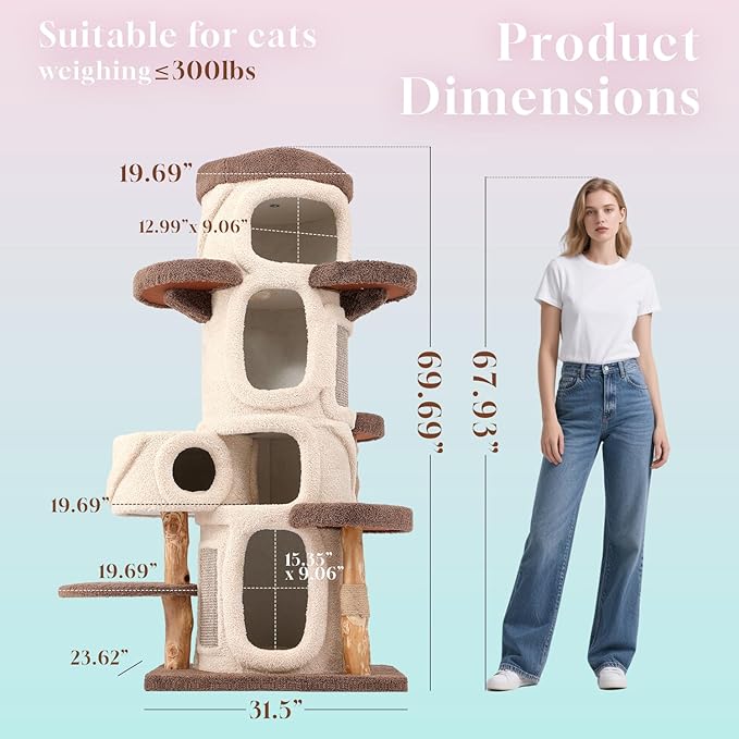 70" Heavy Duty Cat Tree for Large Cats with Toys, All-in-One Cat Tower with Cat Perch, Tall Cat Tower with Scratching Post, Brown Modern Cat House-PurrikoPets