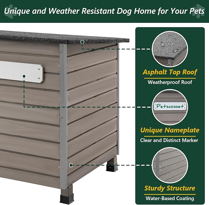 43.3" L Dog House Outdoor for Large Breeds Dogs Anti Chewing Iron Frames Dog Kennel Wooden Pet Houses for Indoor Outdoor with Weatherproof Roof,6 Elevated Feet, Reinforced Bottom Support-PurrikoPets