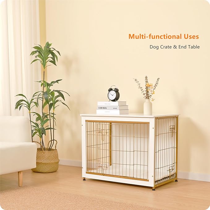 DWANTON Dog Crate Furniture with Cushion, Wooden Kennel Table with Double Doors, Indoor Dog House, Medium Size, 32.5" L, White-PurrikoPets