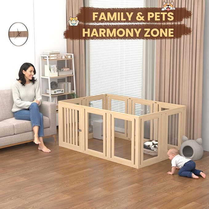 10 Panels Dog Playpen with Door, 23.6" H Pet Playpen Indoor, Clear Acrylic Puppy Playpens, Wooden Puppy Fence with Gate, Transparent Dog Pens, Pet Pen Indoor for Dogs, Cats, Rabbit (Wood)-PurrikoPets