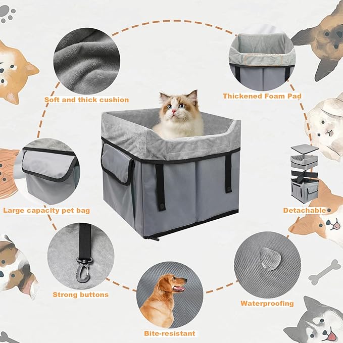 Eunice Small Dog Car Seat, 15.5 in (L) X 14.6 in (W) X 13 in (H) Washable Detachable and Portable Dog Booster Car Seat with Clip-on Safety Leash, Puppy Car Seats Storable Bottom Layer - Up to 25 lbs-PurrikoPets