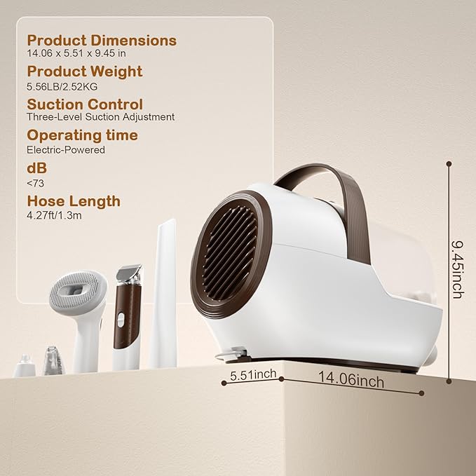 Dog Grooming Vacuum, Dog Grooming Kit with Pet Clipper Nail Grinder, 3 Suction Modes Dog Brush Vacuum with 6 Pet Grooming Tools (Brown)-PurrikoPets