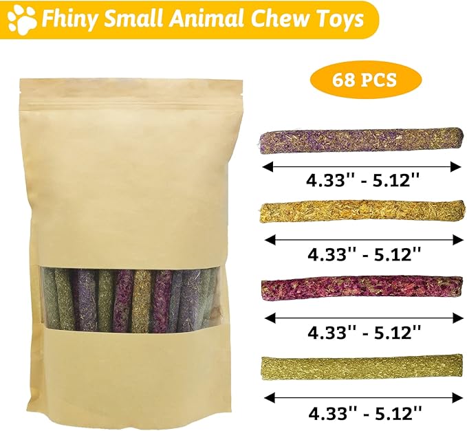 Fhiny 68 PCS Rabbit Chew Sticks, Natural Petals Timothy Hay Sticks Guinea Pig Chewing Toys for Teeth Small Animals Molar Snacks for Bunny Guinea Pig Chinchilla Hamster-PurrikoPets