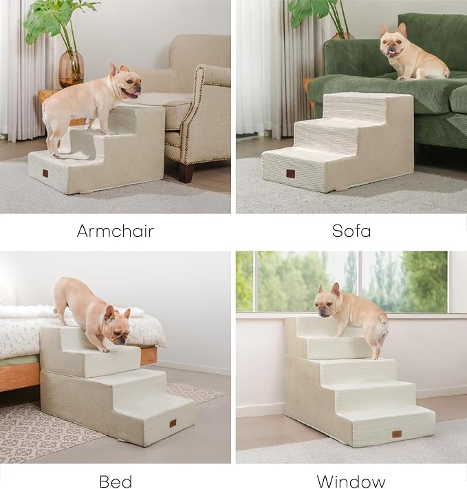 Dog Stairs for High Bed, Dog Steps for Bed Couch Sofa, 35D Foam Extra Wide Pet Steps for Small Dogs and Cats, Pet Stairs with Non-Slip Bottom Beige, 4 Steps-PurrikoPets