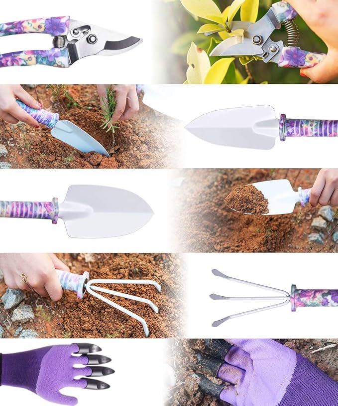 6 Pieces Garden Tools Set Planting Tools, Non-Slip Handle with Anti-Rust Trowel, Cultivator, Pruning Shear, Water Sprayer and Carrying Case, Gloves with Claws-PurrikoPets