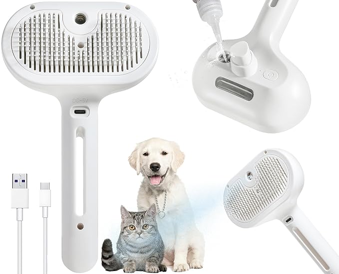 3-in-1 Steam Brush for Cats & Dogs – Hair Removal Comb with One-Click Release & Water Spray – Grooming Brush for Shedding, Long/Short Hair-PurrikoPets