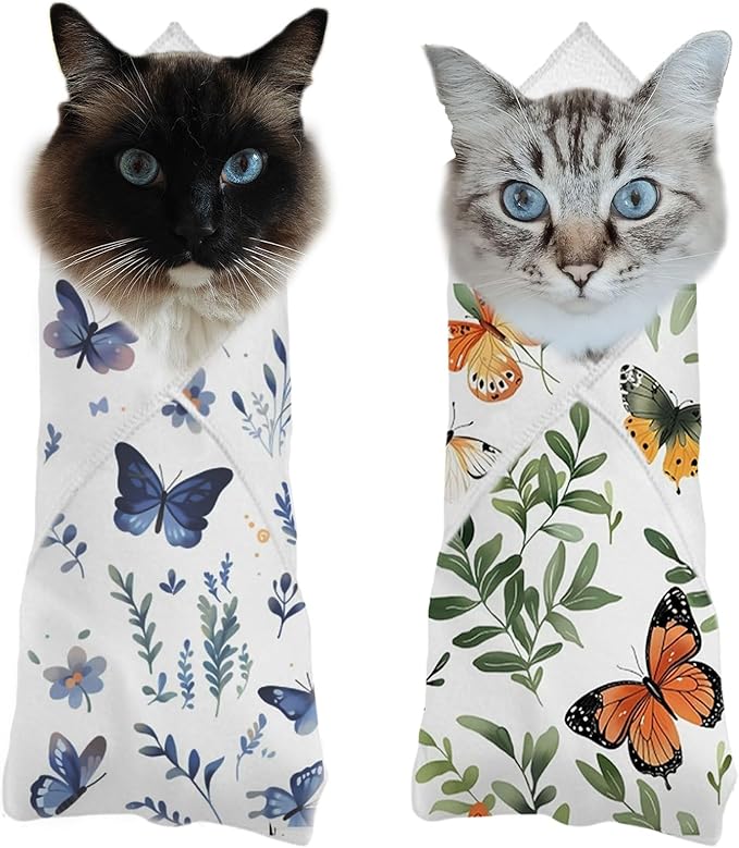 2PCS Cat Wrap for Cutting Nails, 21x21in Self-Adherent Pet Cat Grooming Wrap for Medicine, Nail Clipping, Teeth Brushing, Ear Cleaning | Anti-Escape Anti-Bite Anti-Scratch (Butterfly)-PurrikoPets