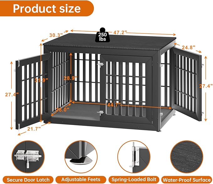 48" Heavy Duty Dog Crate Furniture for Small,Medium and Large Dogs,Rustic Wooden Dog Cage Kennel Indoor Furniture with Waterproof Top,Decorative Pet House Side End Table (Black)-PurrikoPets