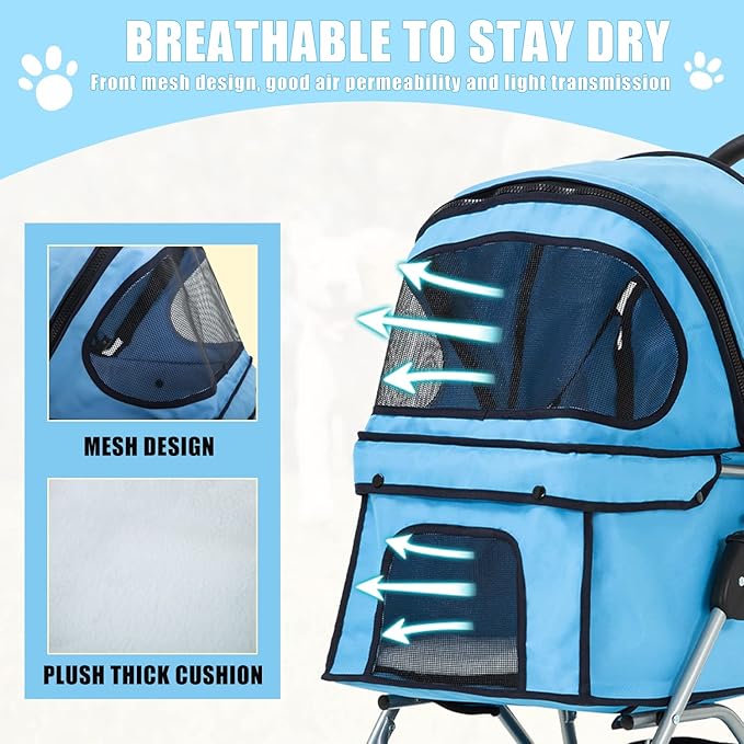 Dog Stroller, Folding 4 Wheels Pet Stroller for Small Medium Dog Cat Travel Carrier with Weather Cover Storage Basket Cup Holders Blue-PurrikoPets