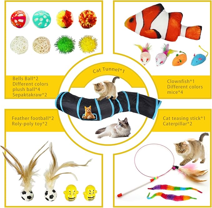 21-Piece Cat Toys Set, Interactive Tunnel, Balls, Mice, Feather Wands, Catnip Toys(Black Tunnel)-PurrikoPets