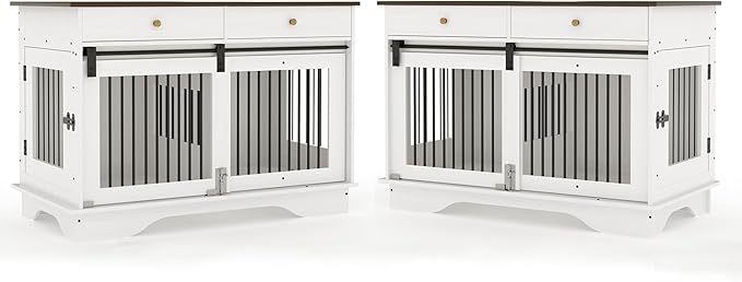 Dog Furniture Crate, 47" Large Dog Crate Furniture w/ 2 Storage Draws & Removable Divider for Large/Medium/Small Dogs (White, Double Cage)-PurrikoPets