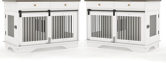 Dog Furniture Crate, 47" Large Dog Crate Furniture w/ 2 Storage Draws & Removable Divider for Large/Medium/Small Dogs (White, Double Cage)-PurrikoPets