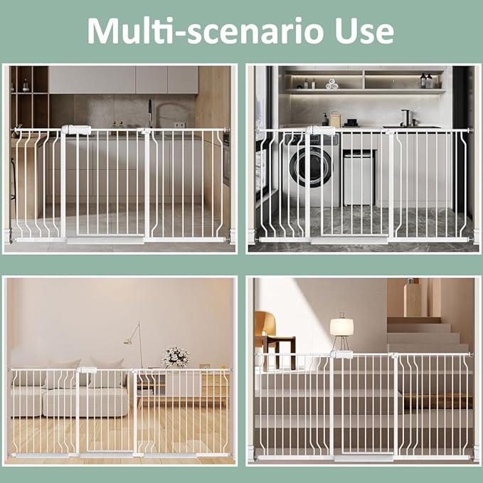 57.5"-62" Extra Wide Auto Closing Baby Safety Gate for Stairs & Doorways, Pressure Mounted No Drill Pet Gate with Walk-Through Door - Heavy Duty Childproof Gate for Toddlers, Kids, Dogs (White)-PurrikoPets