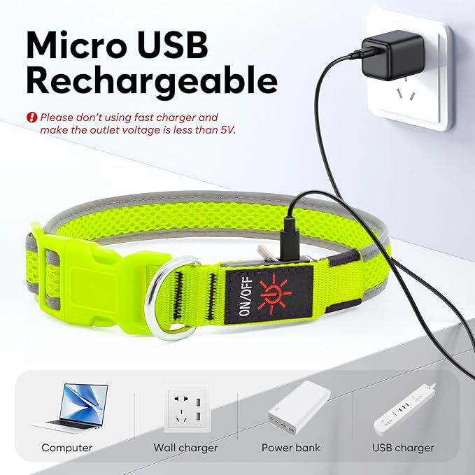 Flashseen LED Dog Collar, Light Up Dog Collar Lights USB Rechargeable, Adjustable Comfortable Soft Mesh Safety Collar for Small, Medium, Large Dogs(Large, Neon Green)-PurrikoPets