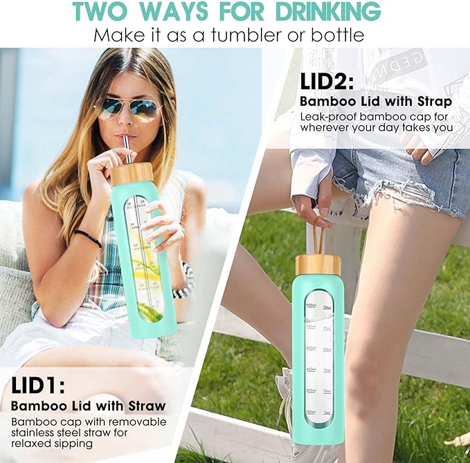 32 oz Glass Water Bottle with Straw - Motivational Time Marker & Silicone Sleeve - Reusable Tumbler Includes 2 Bamboo Lids & Fruit Infuser - 1 Pack-PurrikoPets