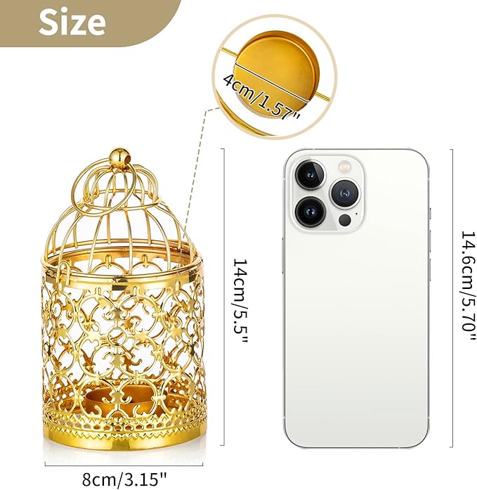 2 Pcs Small Metal Tealight Hanging Birdcage Lantern, Vintage Decorative Centerpieces of Wedding, Party, Gold-PurrikoPets