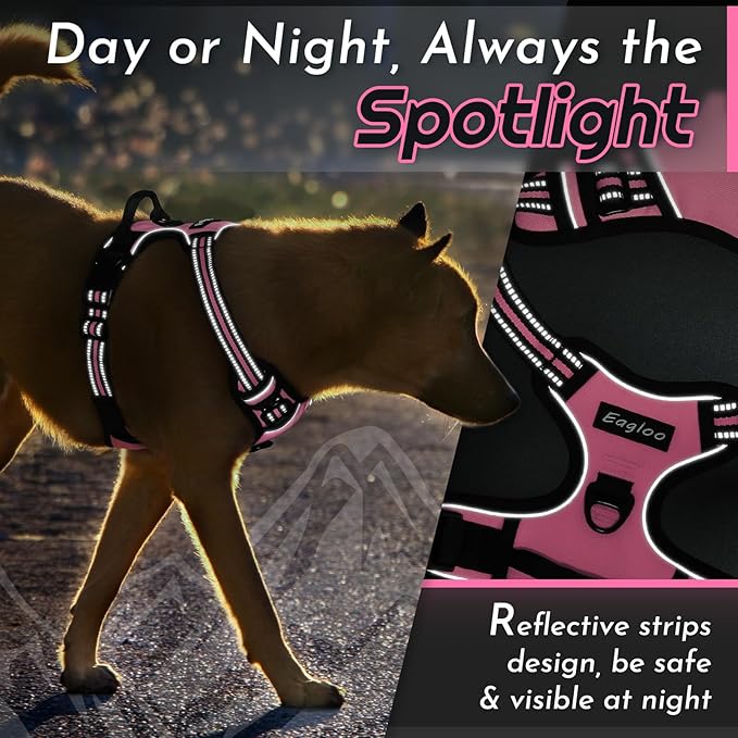 Eagloo Dog Harness Large Breed, No Pull Service Vest with Reflective Strips and Control Handle, Adjustable and Comfortable for Easy Walking, No Choke Pet Harness with 2 Metal Rings, Pink, XL-PurrikoPets