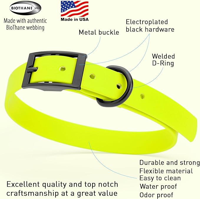 Dogline Biothane Waterproof Dog Collar Strong Coated Nylon Webbing with Black Hardware Odor- Proof for Easy Care Easy to Clean High Performance Fits Small Medium or Large Dogs, Safety Yellow-PurrikoPets