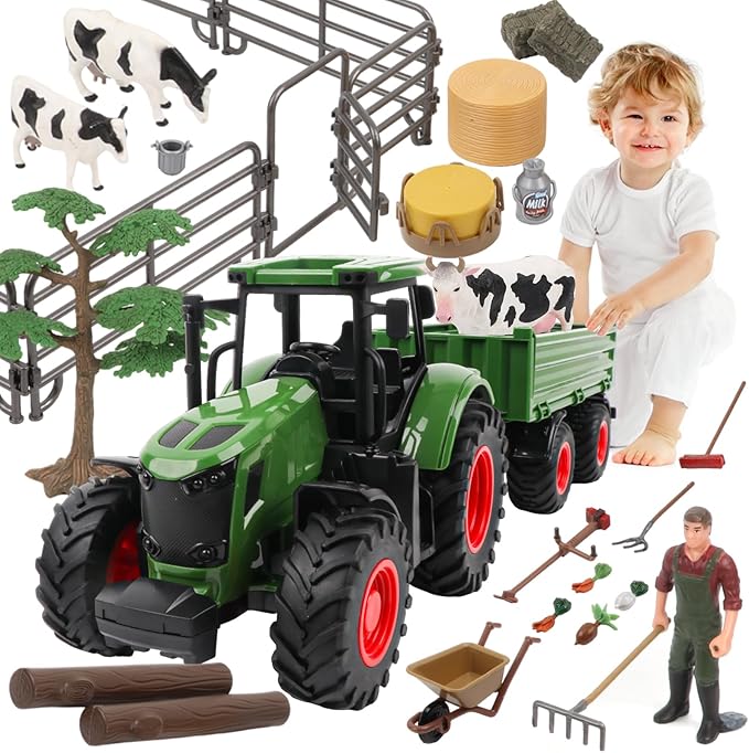 Farm Animal Tractor Toys Playset-16.5 Inches Tractor with Trailer Fence,Farmer,Tree,Cow,Farm Toy Set for Boys Girls Kids Toddlers Age 3-7 Years Old-PurrikoPets