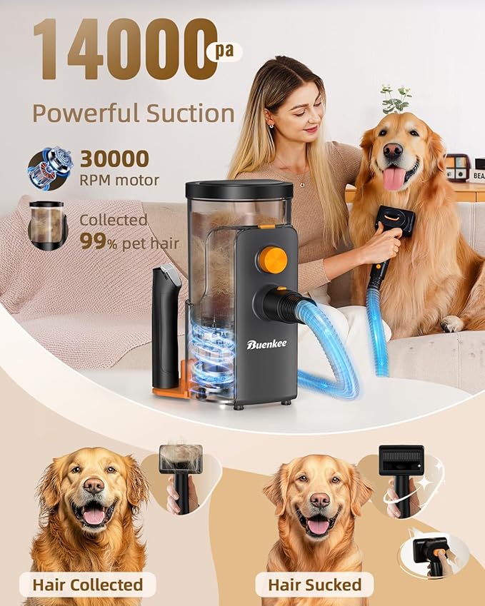 Dog Grooming Vacuum, 4.5L Extra-Large Dust Cup Dog Grooming Kit, 14000Pa High-Suction Pet Groomer with Clippers, Low-Noise All-in-One Shedding Control Set for Home Use-PurrikoPets