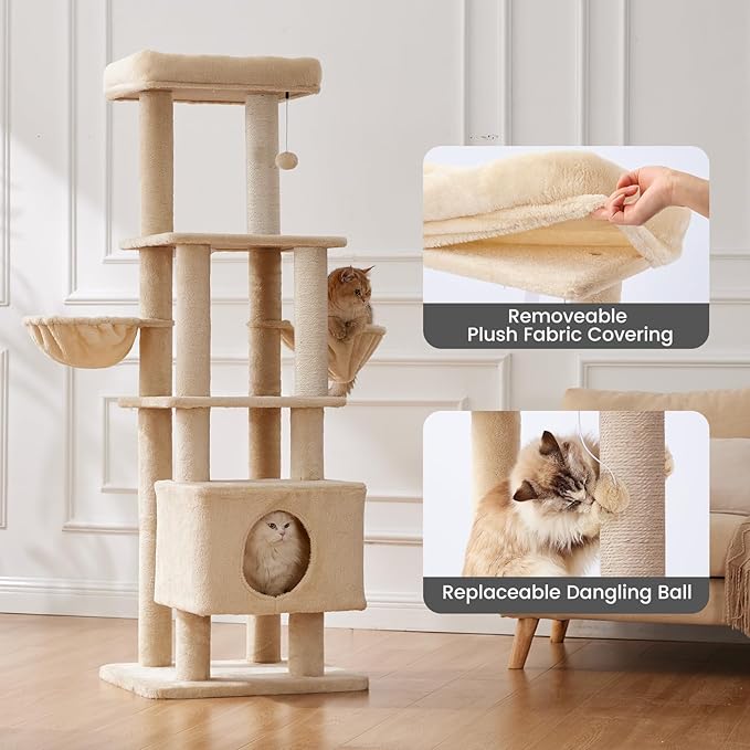 Gardner Pet 65in Heavy Duty Cat Tree Tower for Large Cats, Multi-Level Cat Furniture with Replaceable Sisal Scratching Post, Hammock | Extra-Large Platform & Condo (Beige)-PurrikoPets