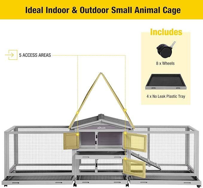 Aivituvin Rabbit Hutch 93.7" Large Rabbit Cage Indoor Outdoor Guinea Pig Cage Chicken Coop on Wheels Bunny Cage with 4 Deep No Leakage Pull Out Tray,Waterproof Roof-PurrikoPets
