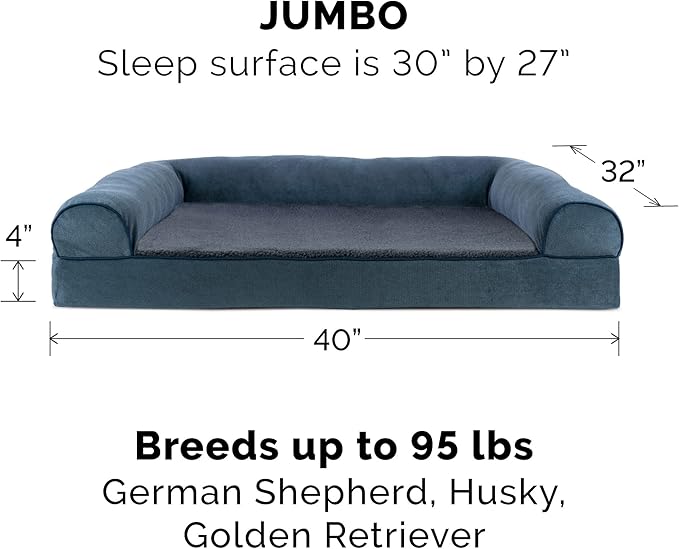 Furhaven Orthopedic Dog Bed for Large Dogs w/ Removable Bolsters & Washable Cover, For Dogs Up to 95 lbs - Sherpa & Chenille Sofa - Orion Blue, Jumbo/XL-PurrikoPets