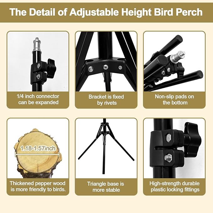 16-63 Inch Height Adjustable Bird Perch Pepper Wood Bird Training Perch Stand Parakeet Perches Indoor and Outdoor Parrot Stands for Small to Medium Bird-PurrikoPets