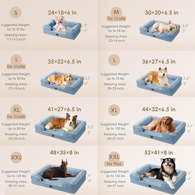 EHEYCIGA Orthopedic Dog Beds for Large Dogs, Waterproof Memory Foam Large Dog Bed with Sides, Non-Slip Bottom and Egg-Crate Foam Pet Couch Bed with Washable Removable Cover, Washed Blue-PurrikoPets