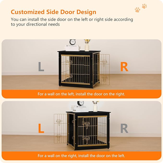 DWANTON Dog Crate Furniture with Cushion, Wooden Kennel Table with Double Doors, Indoor Dog House, Small/Medium/Large Size, 27.2" L, Black+Gold-PurrikoPets