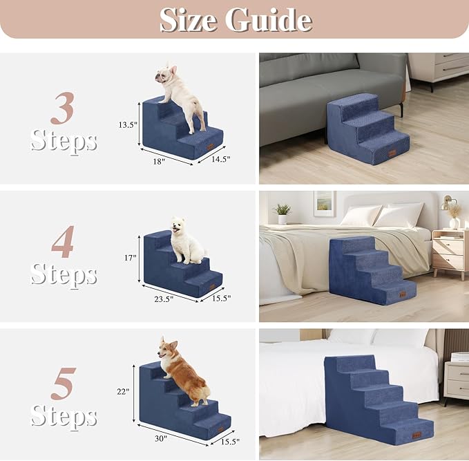GGIB Dog Stairs for Small Dogs and Cats - Non-Slip Steps for High Bed, Sofa, Couch - Pet Ramp with Removable Washable Cover, Navy, 22" H, 5-Step-PurrikoPets