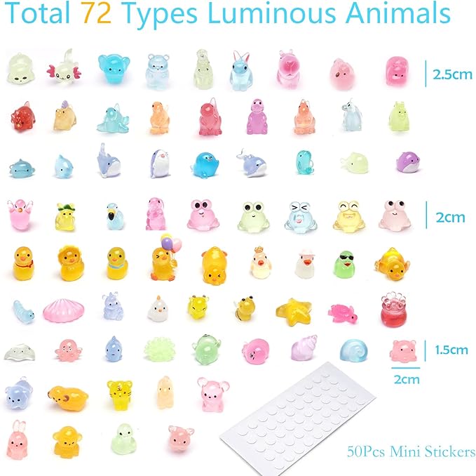 72 Types Luminous Mini Resin Animals, Plastic Tiny Resin Animals to Hide Prank,Mini Animals Figures for Fairy Garden, Dollhouse,Terrariums, Potted,Cake Topper, Miniature Landscape Ornament-PurrikoPets