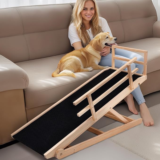 Dog Ramp, 5 Level Adjustable Height Folding Pet Ramp for High Bed, Portable Paw Ramps Large Bed Ramp for Medium & Large Old Dogs & Cats - Natural Wood Furniture Quality-PurrikoPets
