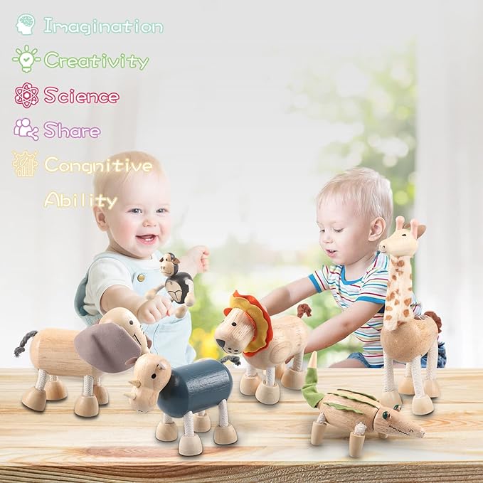 12PCS Bendable Wooden Animal Toys, Fun and Posable Animal Toys for Early Education, Smooth Natural Wood, Safari Farm Wood Animals Learning Toy for Kids-PurrikoPets